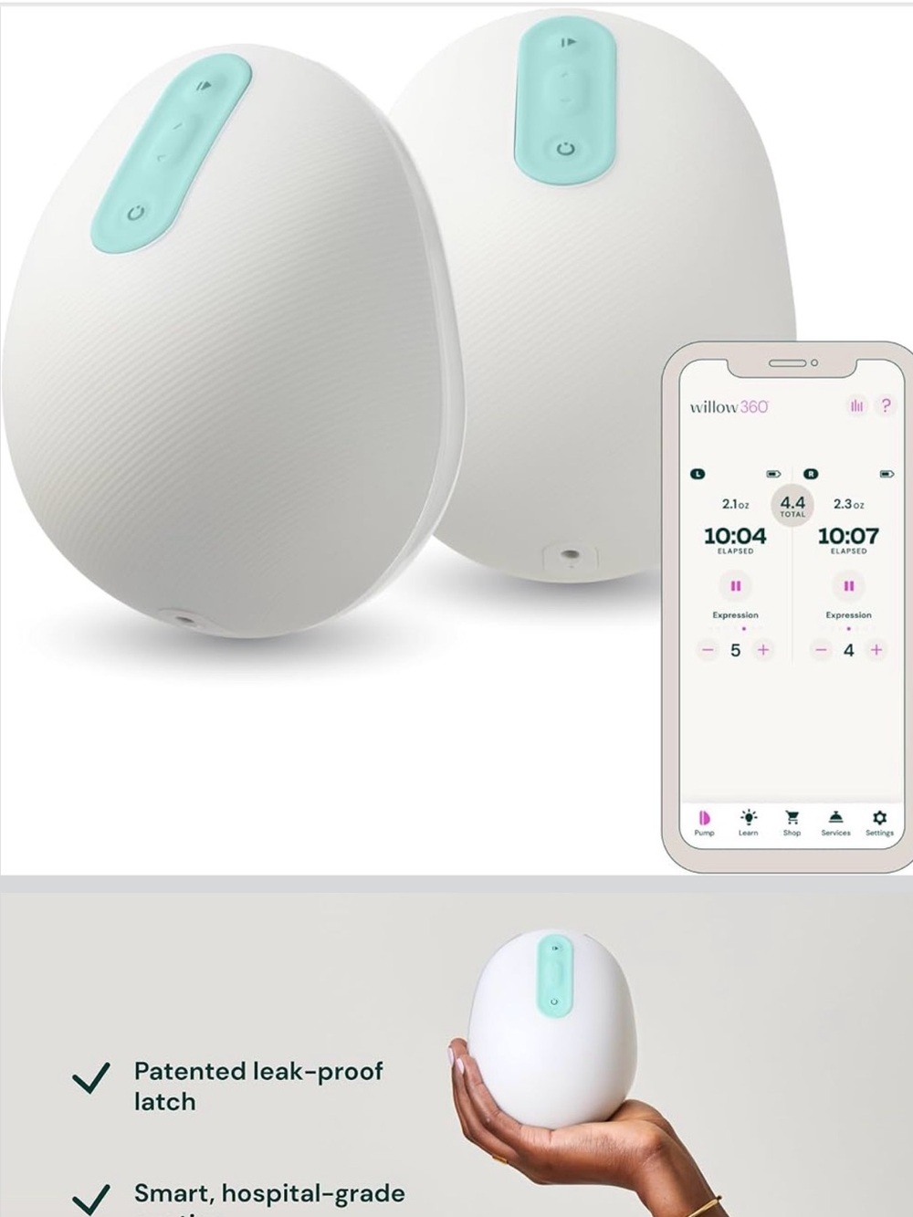 Willow Wearable Breast Pump - White with Mint Controls